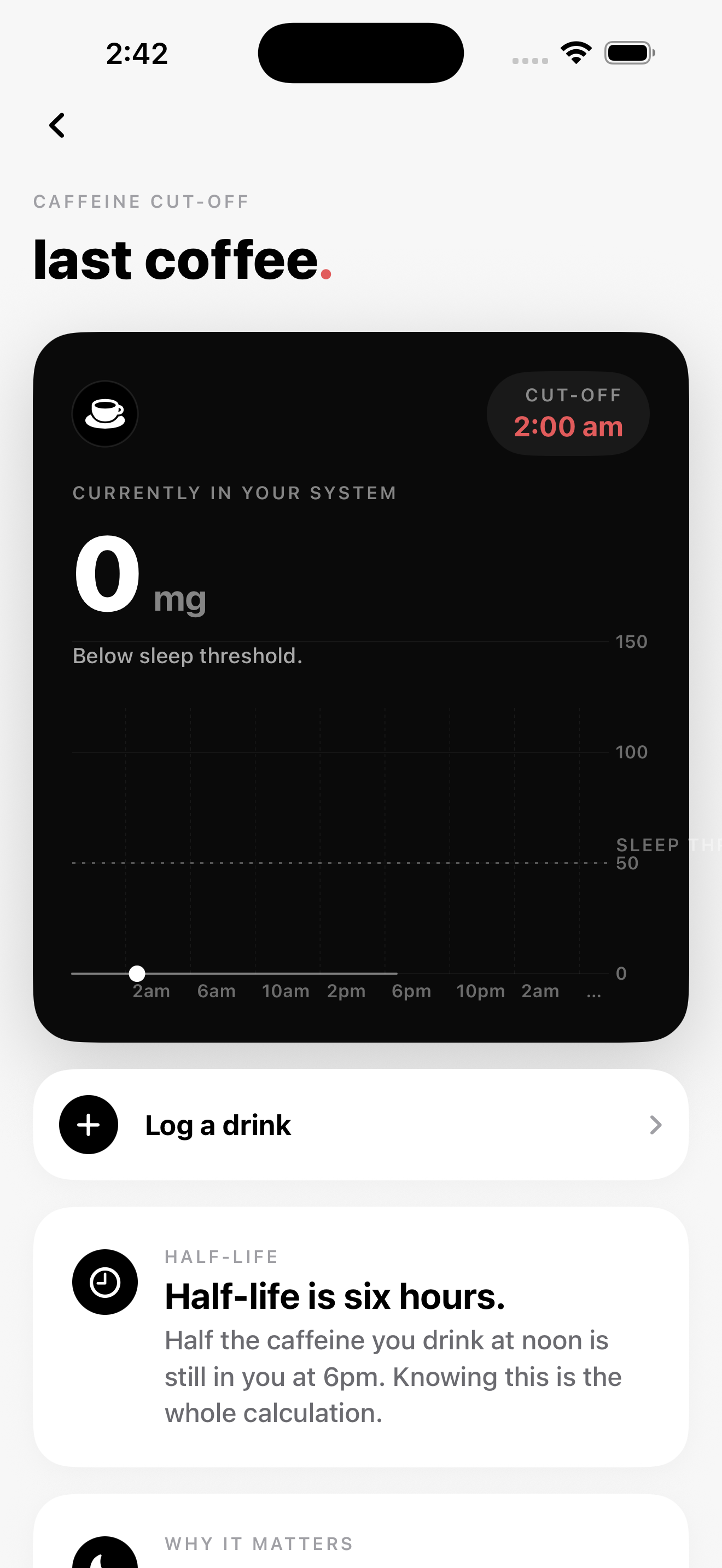caffeine half-life screen with cut-off at 2am and current level 0mg, below sleep threshold