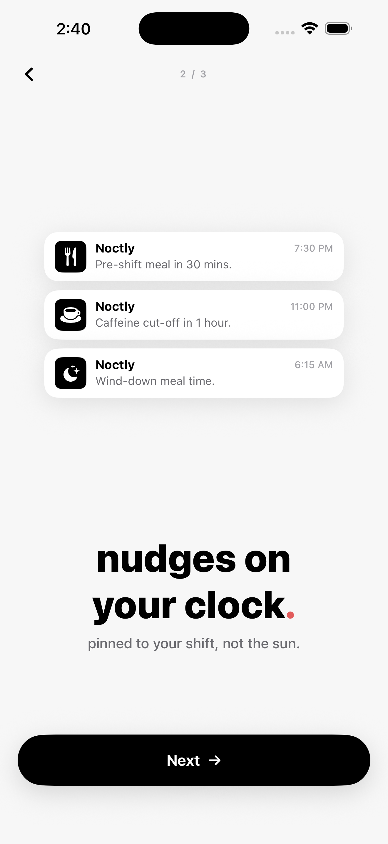 three lock-screen notifications scheduled across a shift